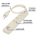 Multicontacto 16 AWG 3 entradas 2 puertos USB supresor 300 J