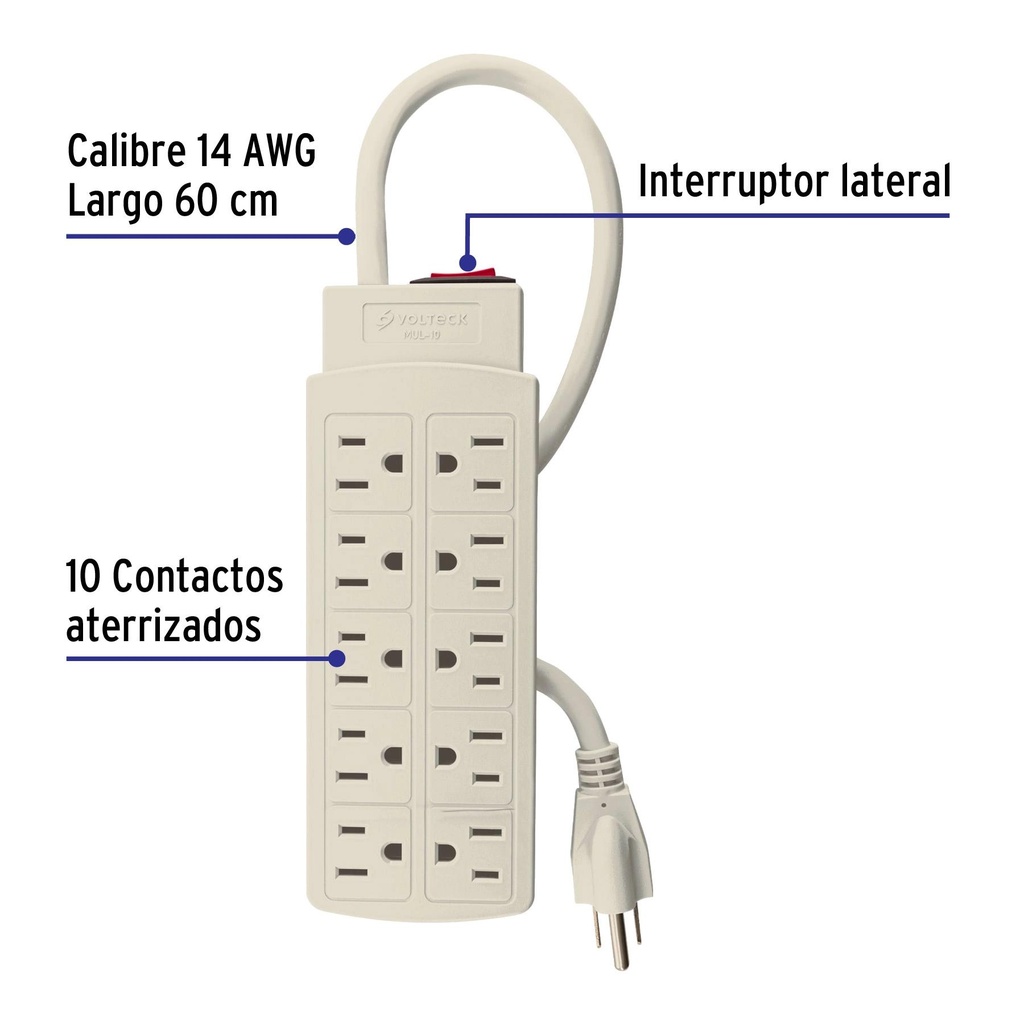 Multicontacto 14 AWG uso rudo con 10 entradas, Volteck