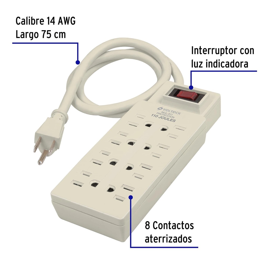 Multicontacto 14 AWG 8 entradas supresor de picos 110 joules