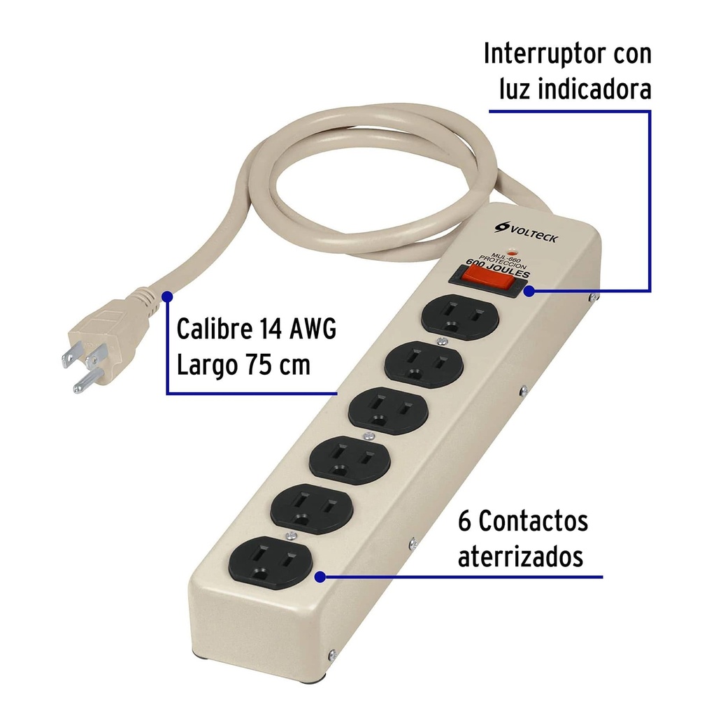 Multicontacto 14 AWG 6 entradas supresor de picos 600 joules