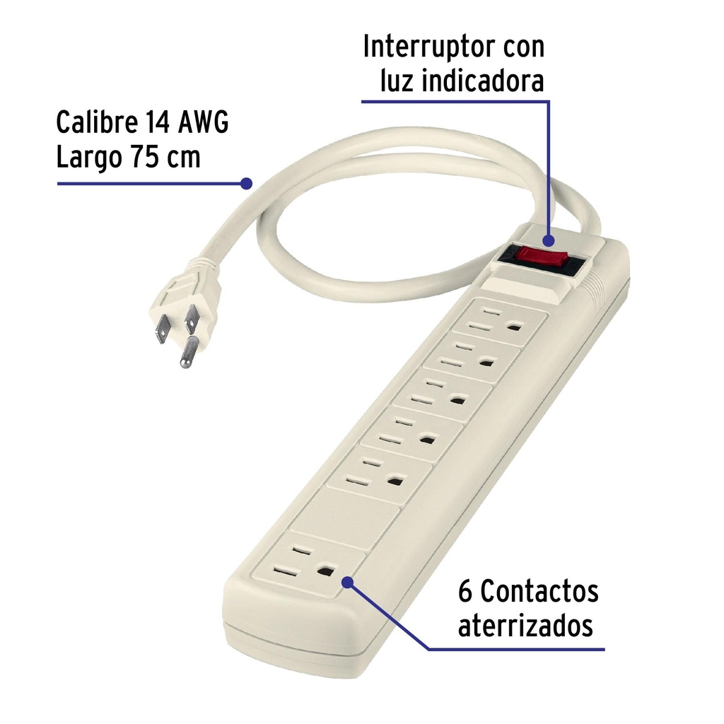 Multicontacto 14 AWG 6 entradas supresor de picos 450 joules