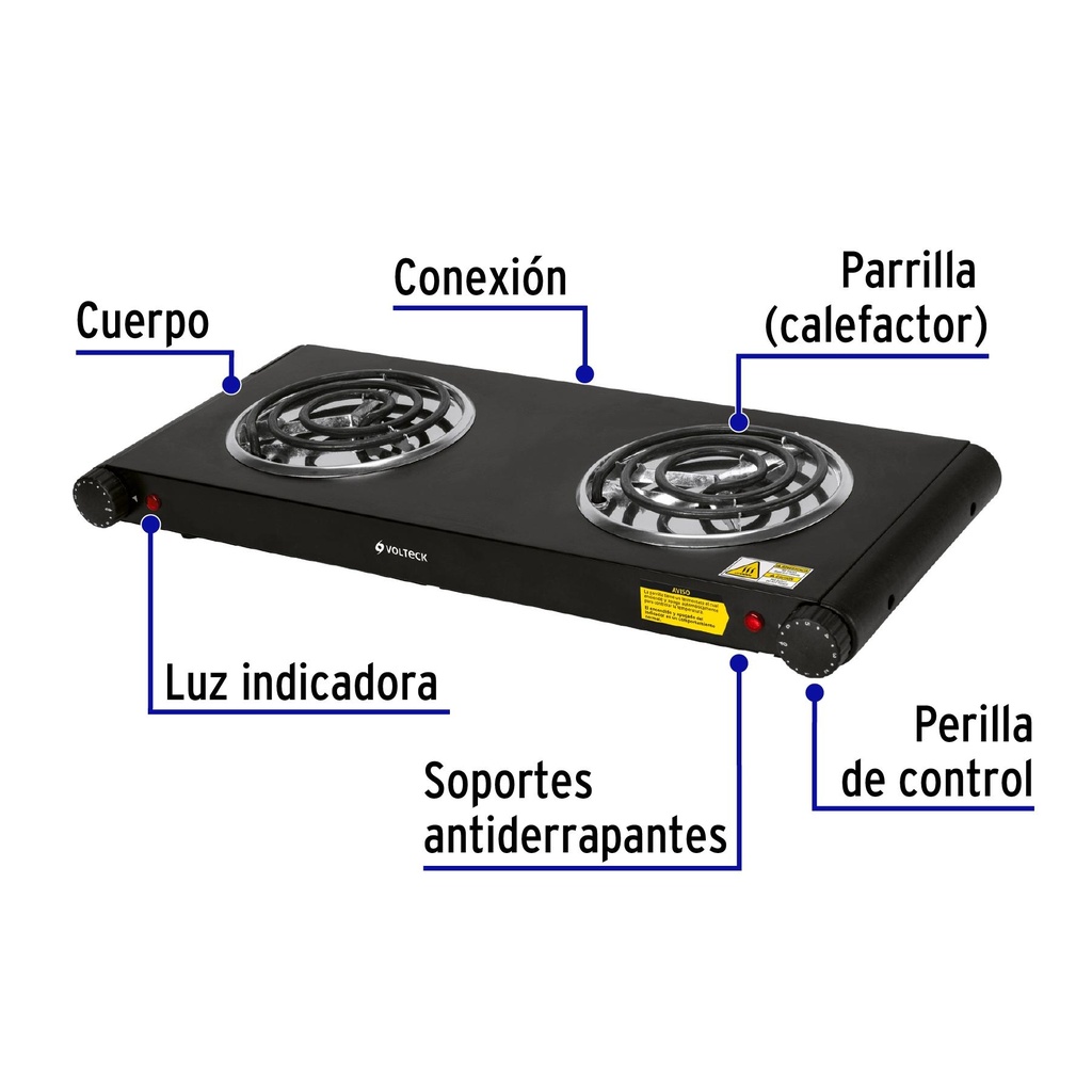 Parrilla eléctrica de doble resistencia, negra, Volteck