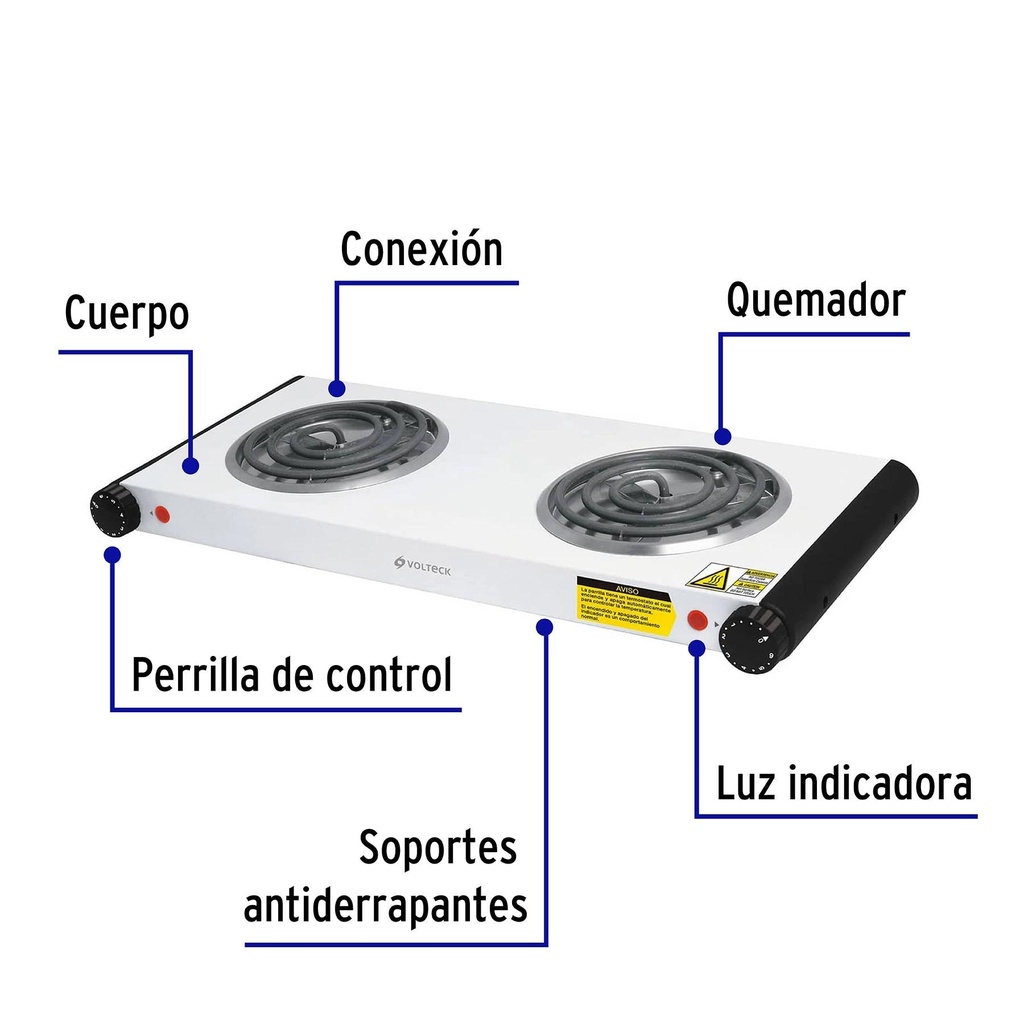 Parrilla eléctrica de doble resistencia, blanca, Volteck