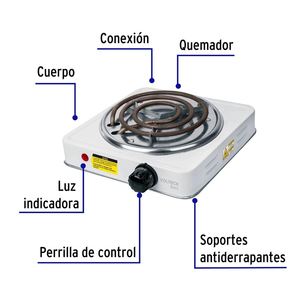 Parrilla eléctrica 1 quemador, cuadrada, Volteck Basic