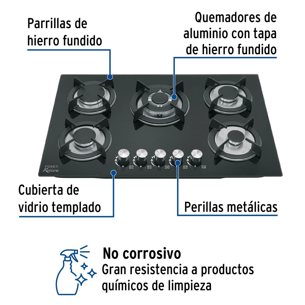 Parrilla de gas empotrable 5 quemadores, vidrio, Foset