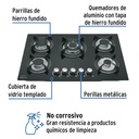 Parrilla de gas empotrable 5 quemadores, vidrio, Foset