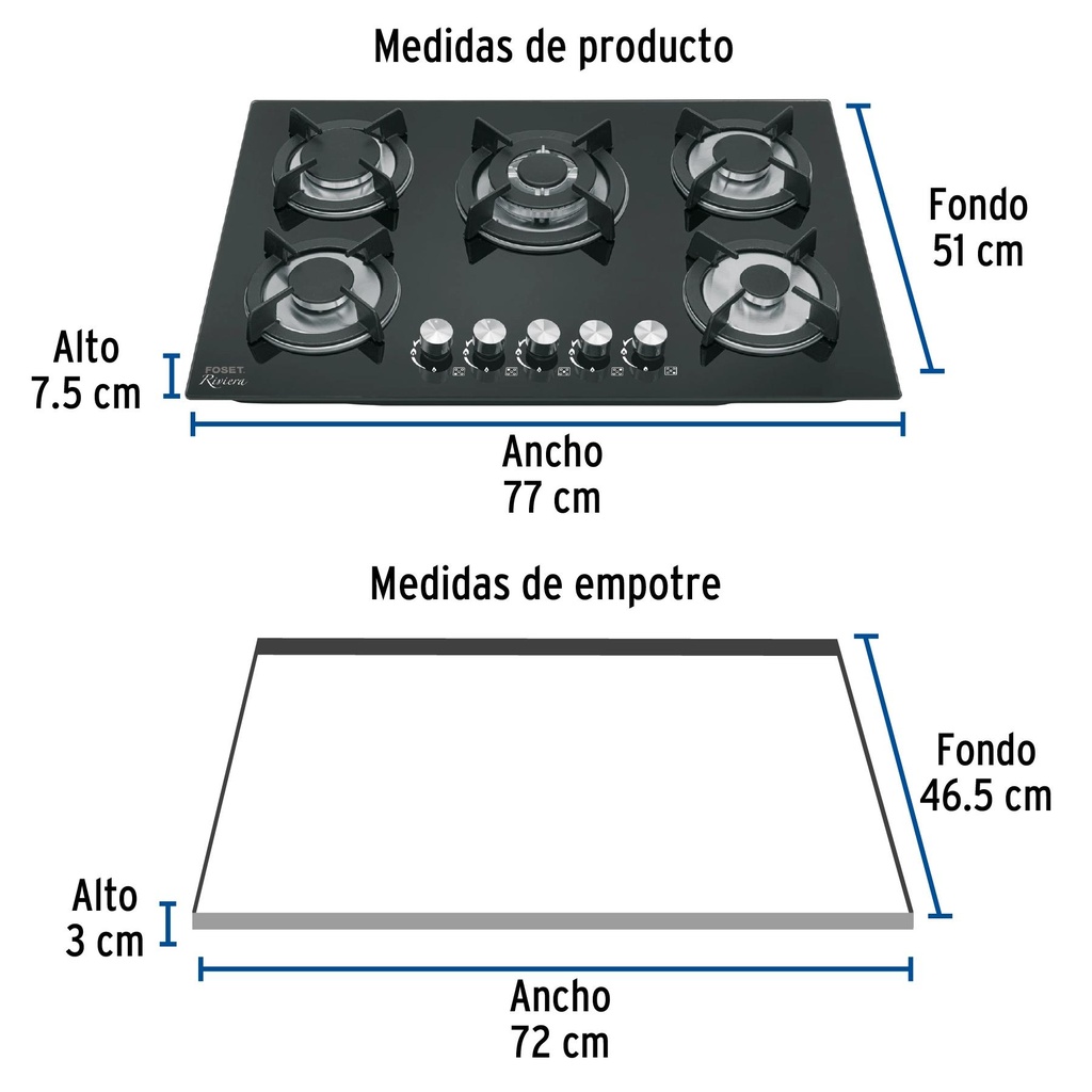 Parrilla de gas empotrable 5 quemadores, vidrio, Foset