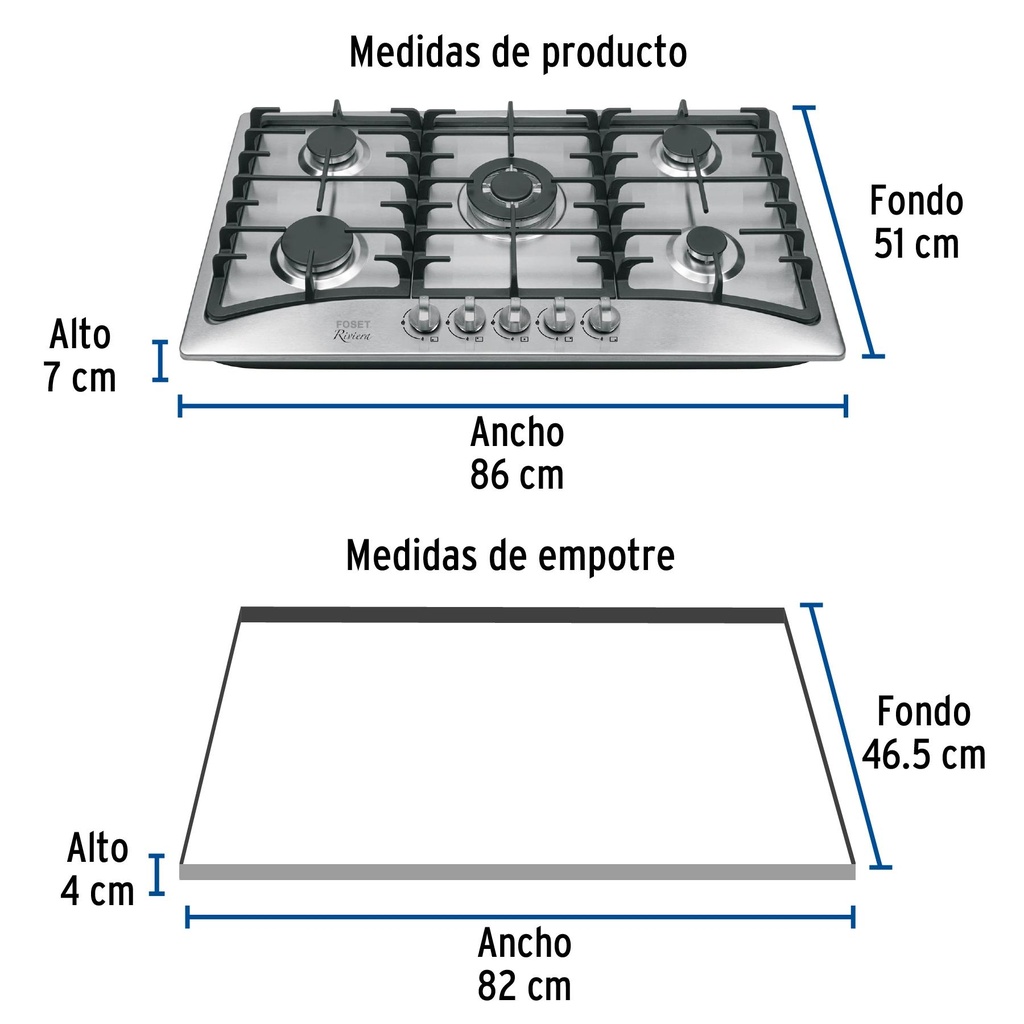 Parrilla de gas empotrable 5 quemadores, acero inox, Foset