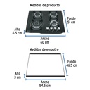 Parrilla de gas empotrable 4 quemadores, vidrio, Foset