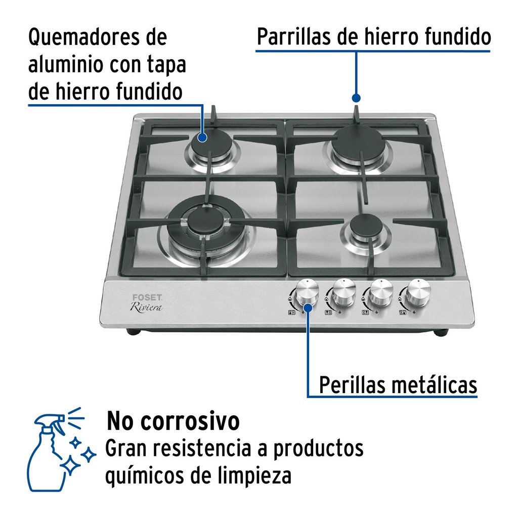 Parrilla de gas empotrable 4 quemadores, acero inox, Foset