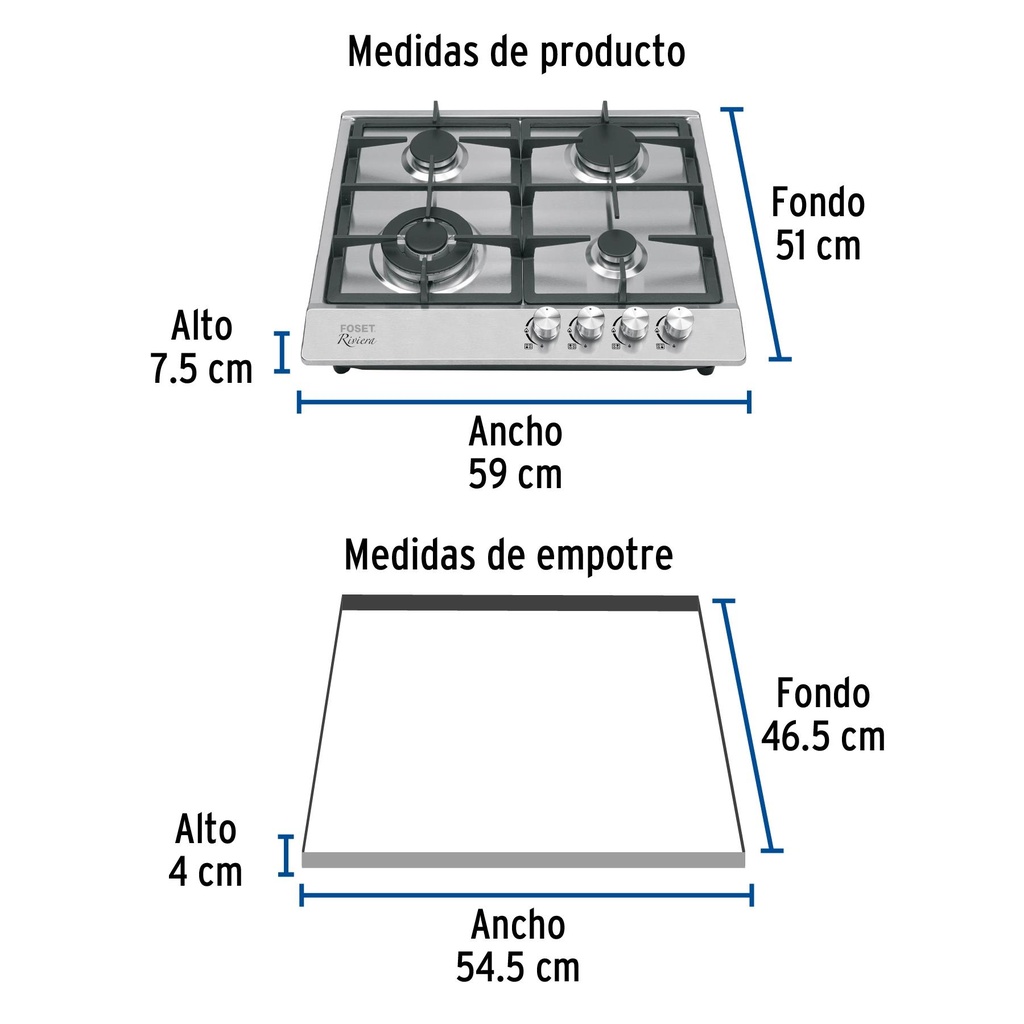 Parrilla de gas empotrable 4 quemadores, acero inox, Foset