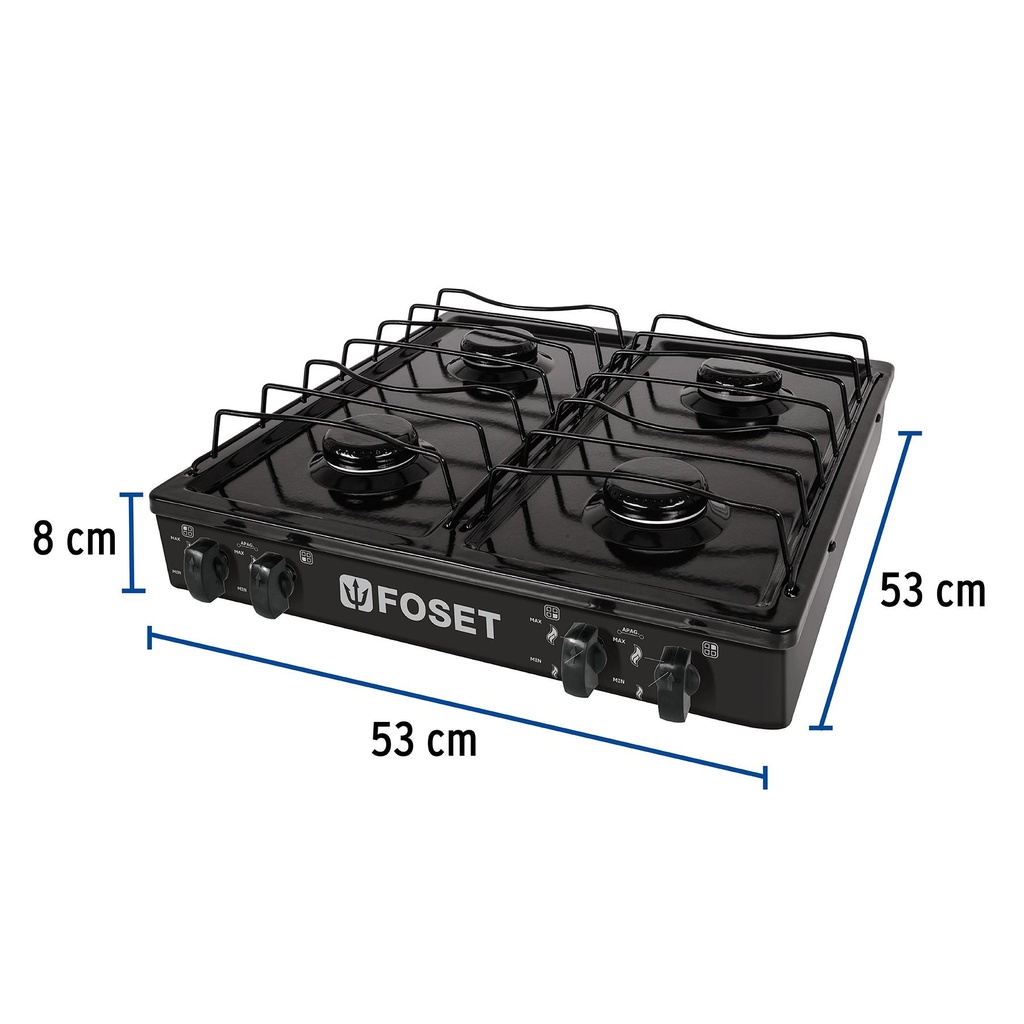 Parrilla de gas de sobreponer 4 quemadores, negra, Foset