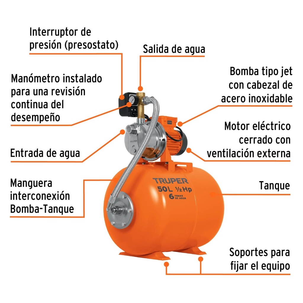 Bomba hidroneumática 1/2 HP, 50 litros, Truper