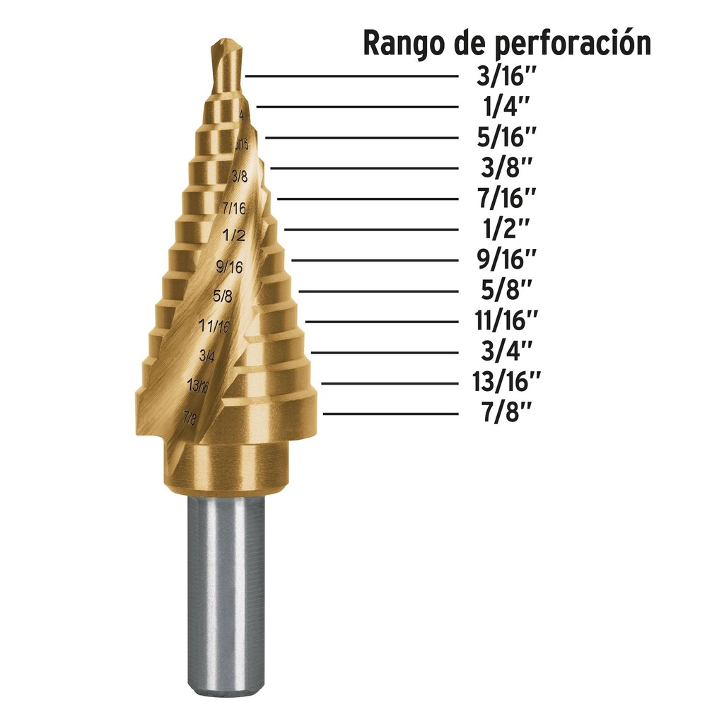 Broca escalonada titanio 12 escalones 3/16' a 7/8', Expert