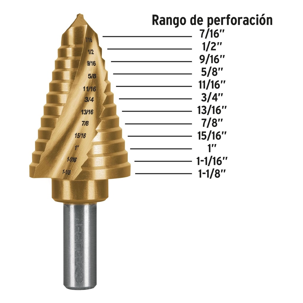 Broca escalonada titanio 12 escalones 7/16' a 1-1/8', Expert