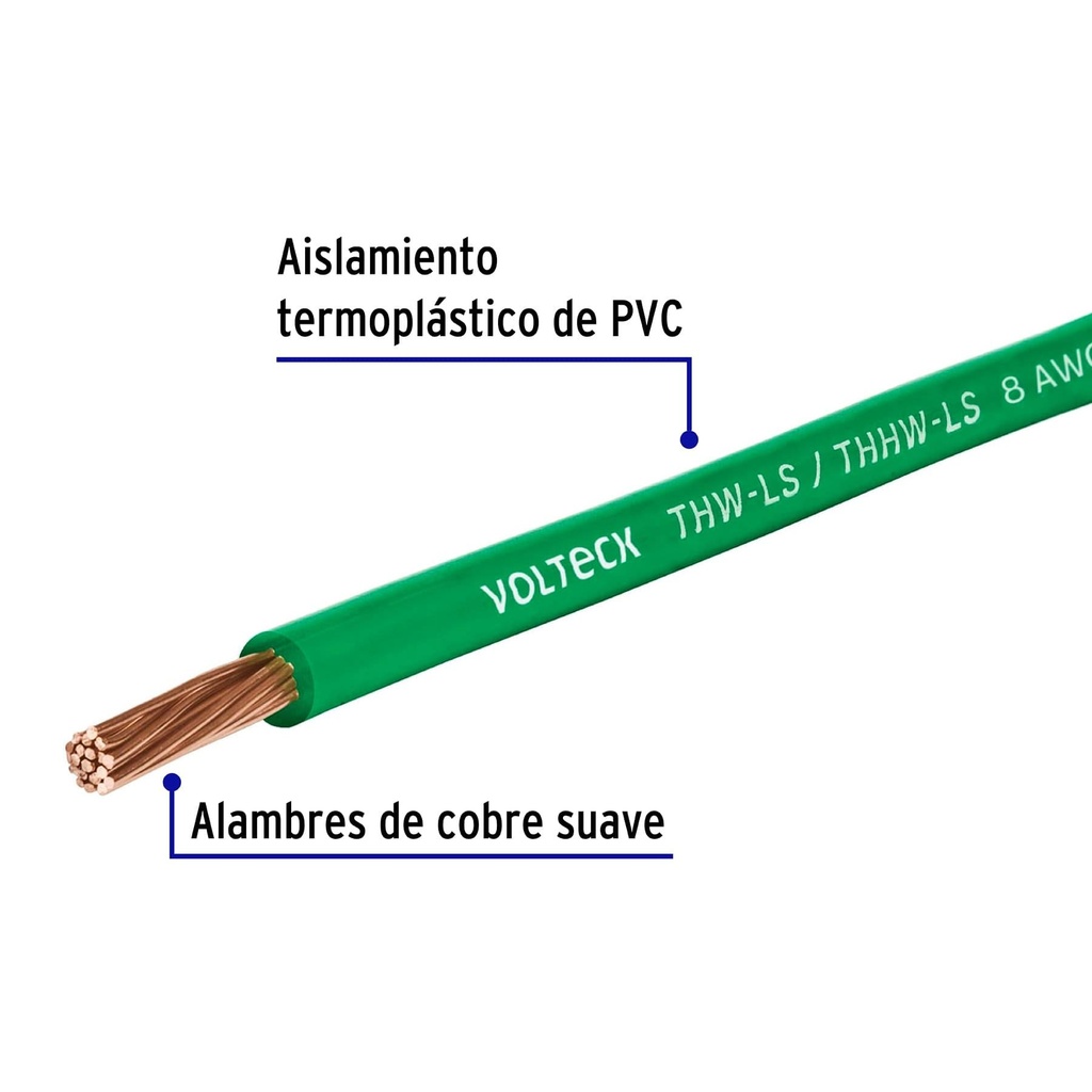 Rollo de 100 m de cable THHW-LS 8 AWG verde, Volteck