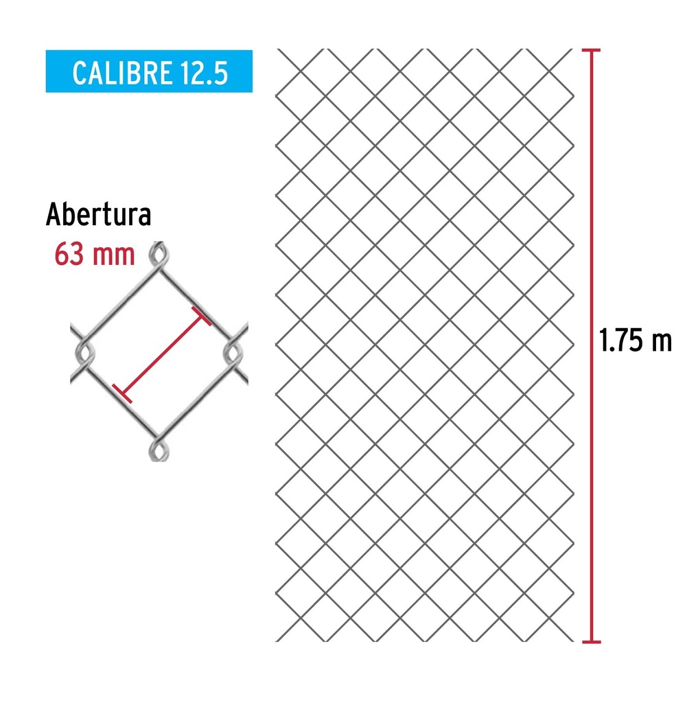 Rollo 20m x 1.75m malla ciclónica calibre 12.5 abertura 63mm