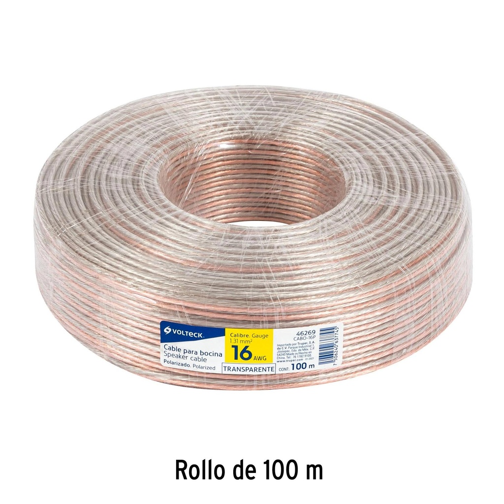 Rollo de 100 m cable polarizado transparente p/bocina 16 AWG