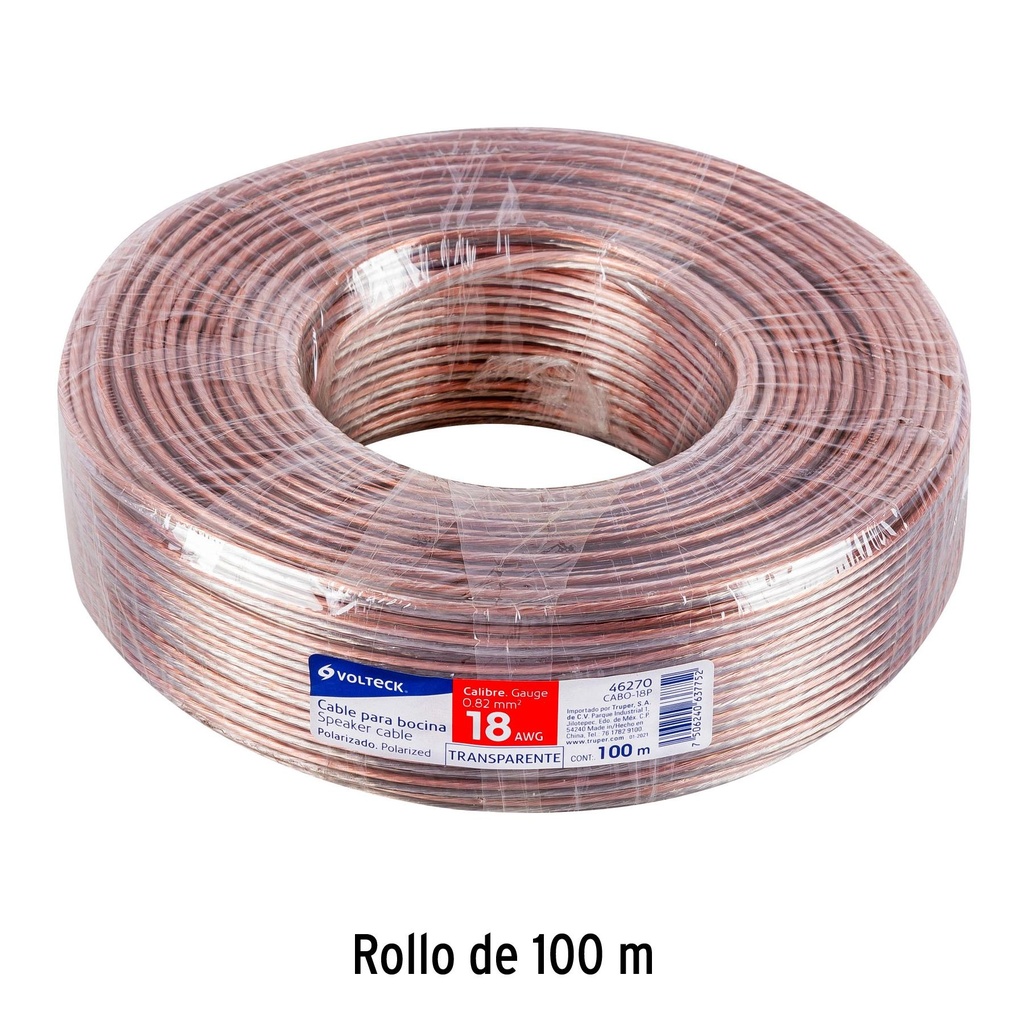 Rollo de 100 m cable polarizado transparente p/bocina 18 AWG