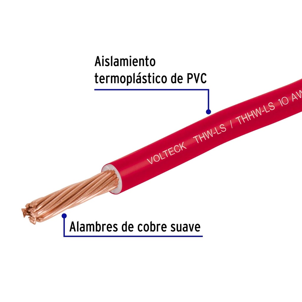 Rollo de 100 m de cable THHW-LS 10 AWG rojo, Volteck