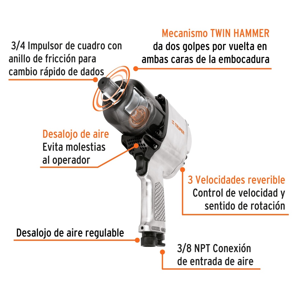 Llave neumática impacto industrial 3/4', Truper