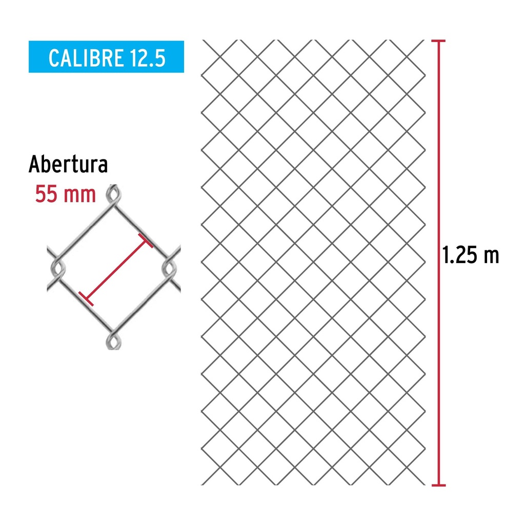 Rollo 20m x 1.25m malla ciclónica calibre 12.5 abertura 55mm