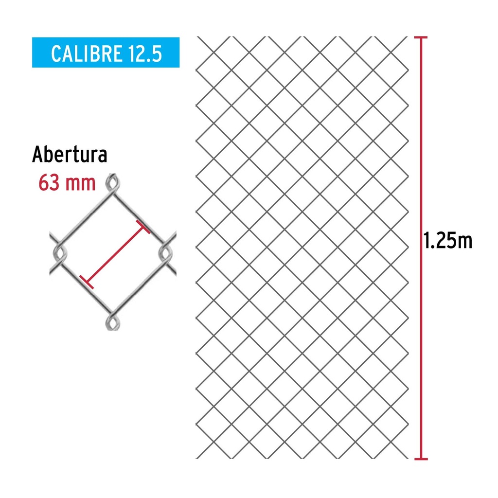 Rollo 20m x 1.25m malla ciclónica calibre 12.5 abertura 63mm