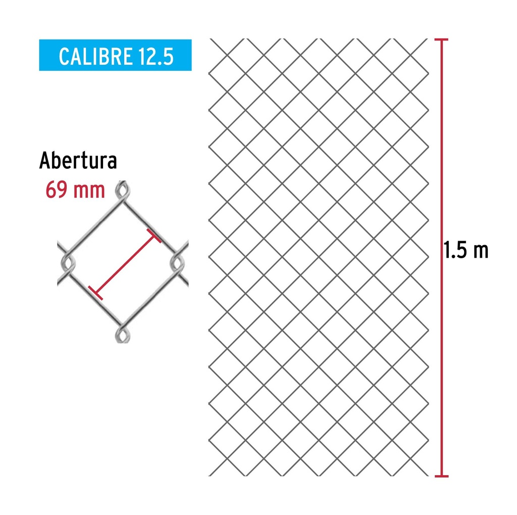 Rollo 20m x 1.5m malla ciclónica calibre 12.5 abertura 69 mm