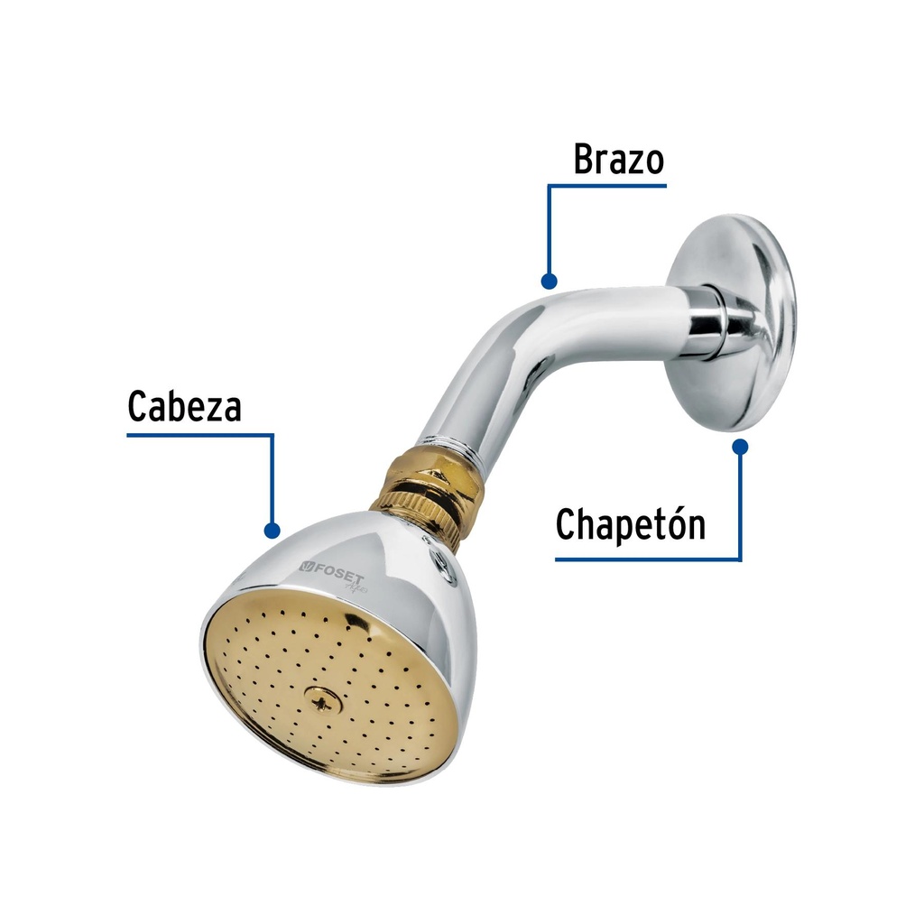 Regadera cónica 2-1/2' cromo-oro brazo y chapetón acero
