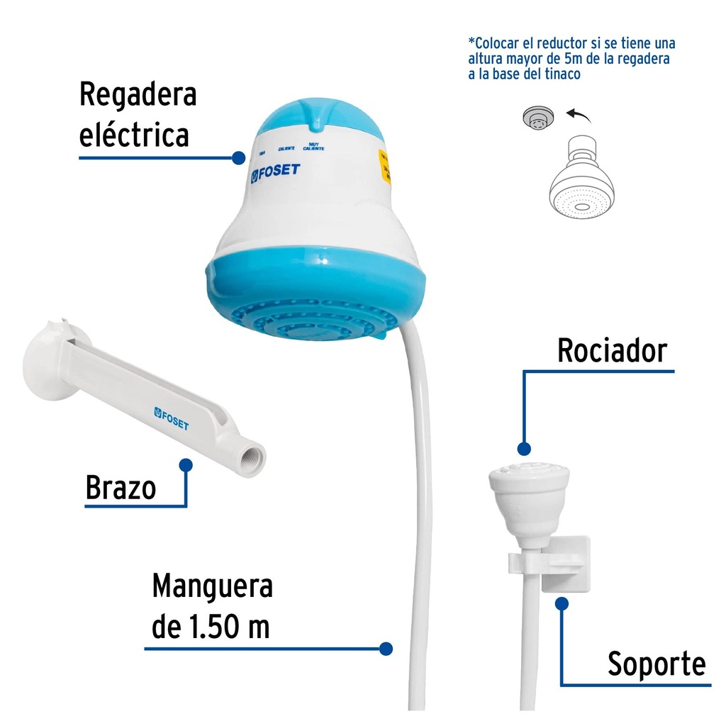 Regadera eléctrica de 4 temperaturas, 5-3/8', Azul, Foset