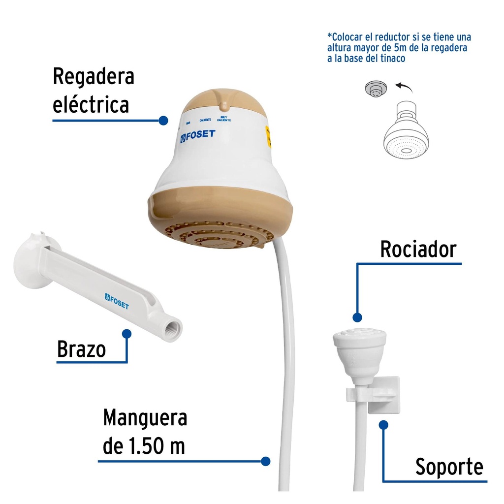 Regadera eléctrica de 4 temperaturas, 5-3/8', Beige, Foset