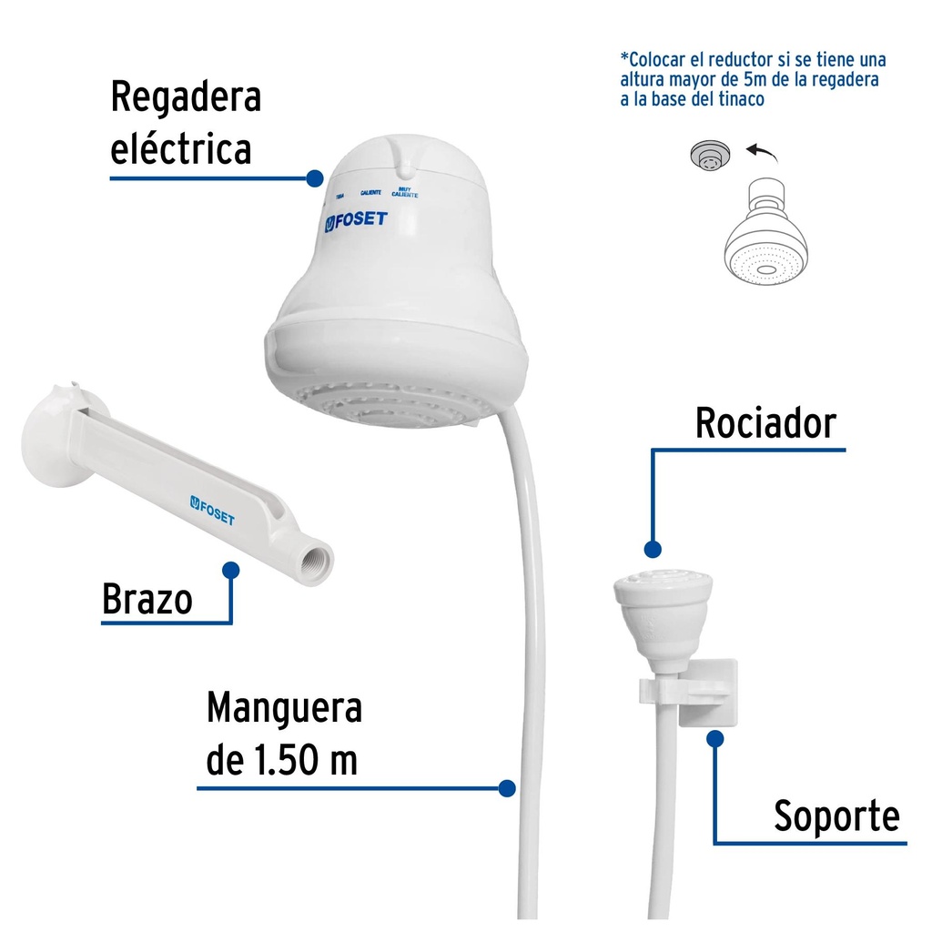 Regadera eléctrica de 4 temperaturas, 5-3/8', Blanca, Foset