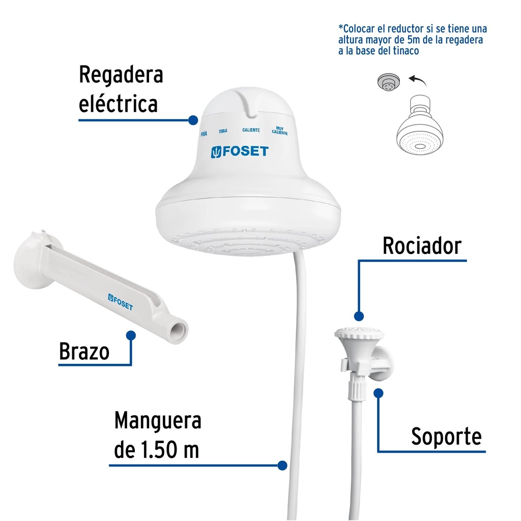 Regadera eléctrica de 4 temperaturas, 6-1/2', Blanca, Foset