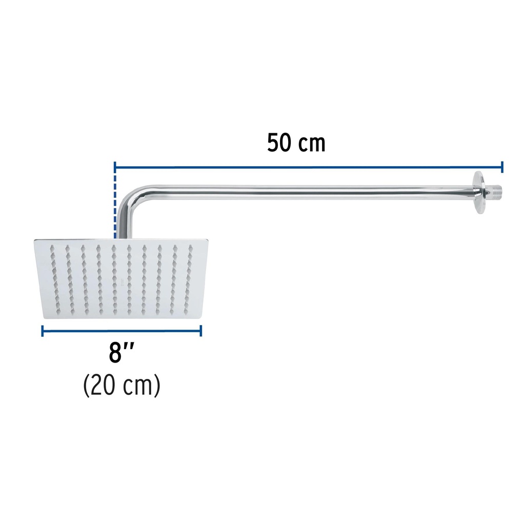 Regadera cromo 8' plato cuadrado delgado con brazo, Riviera
