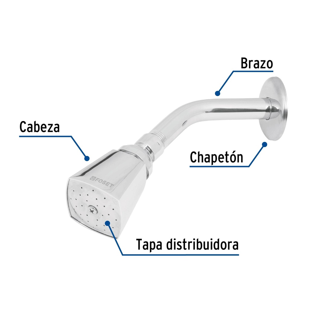 Regadera cuadrada 2' brazo y chapetón de acero, Foset Aqua