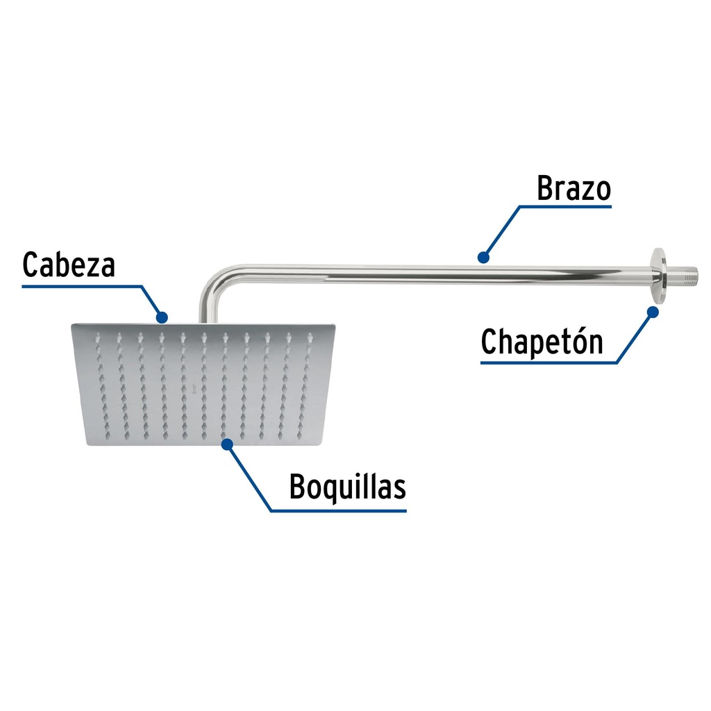 Regadera cromo 10' plato cuadrado delgado con brazo, Riviera