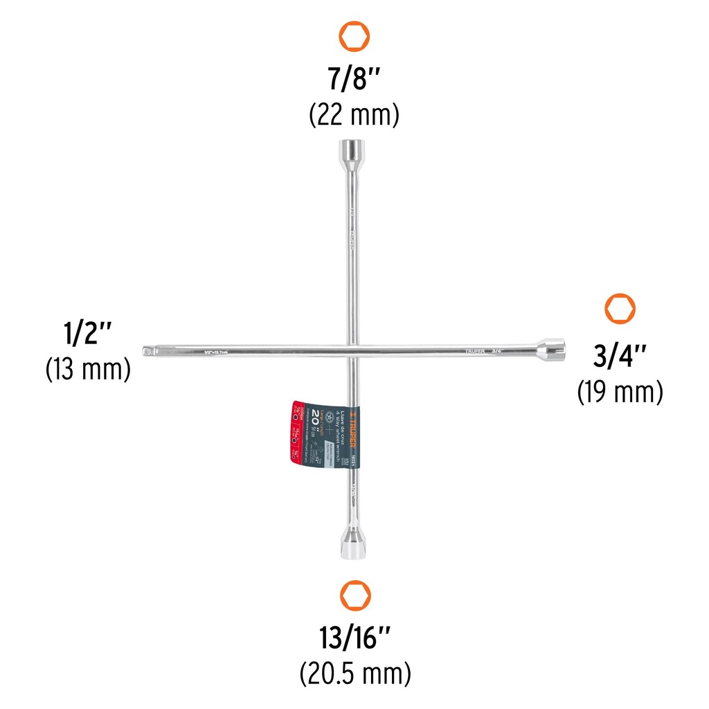 Llave de cruz 20' pulida y cromada con entrada cuadro 1/2'