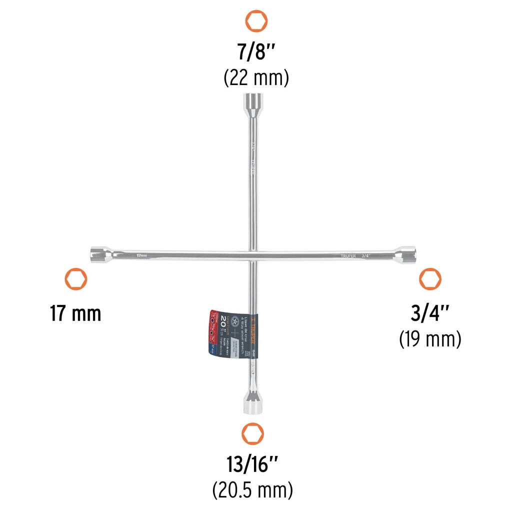 Llave de cruz 20' pulida y cromada, Truper