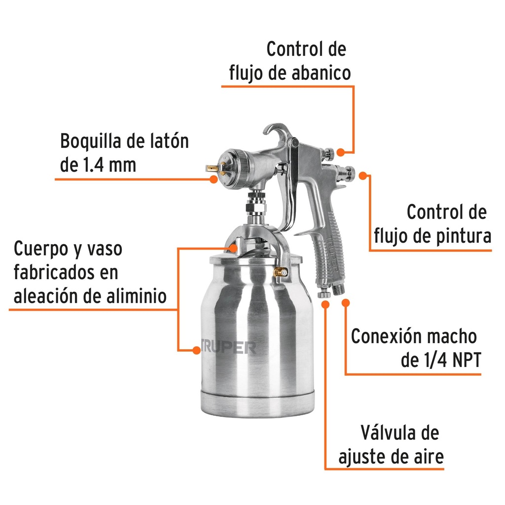 Pistola p/pintar succión HVLP vaso aluminio, 1.4 mm, Truper