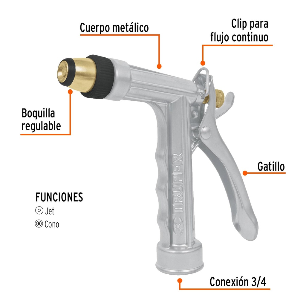 Pistola para riego 2 funciones metálica, boquilla regulable