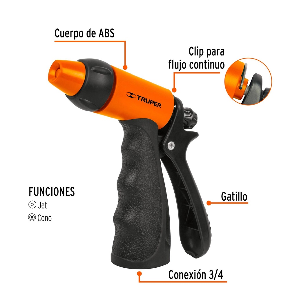 Pistola para riego de 2 funciones plástica con recubrimiento