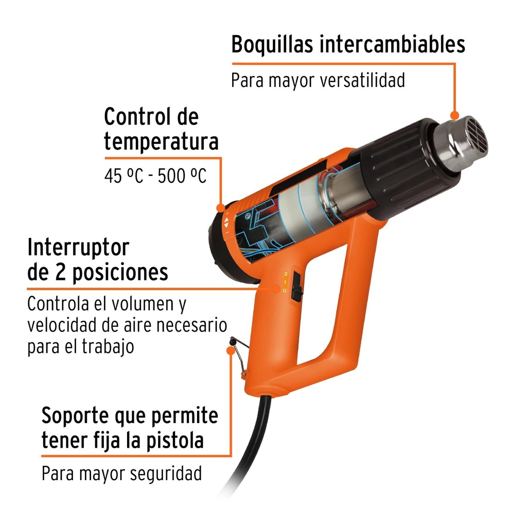 Pistola de calor 2000 W con 9 accesorios, profesional