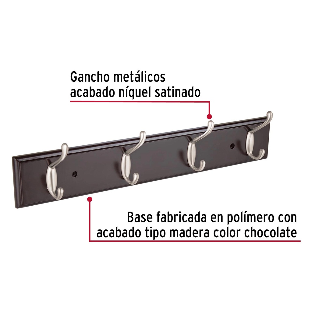 Perchero negro para pared con 4 ganchos satinados, Hermex