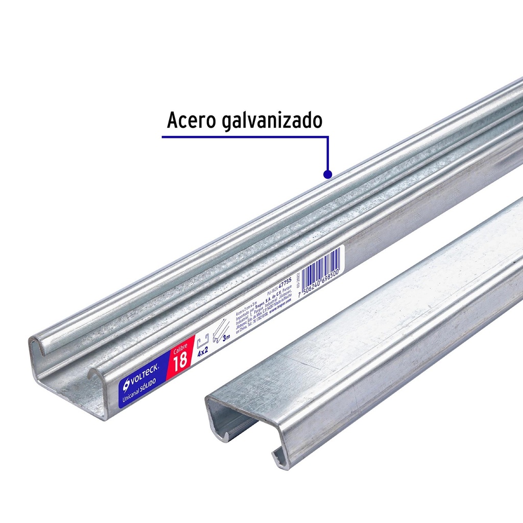 Perfil unicanal sólido de 3 m, 4 x 2 cm, calibre 18, Volteck