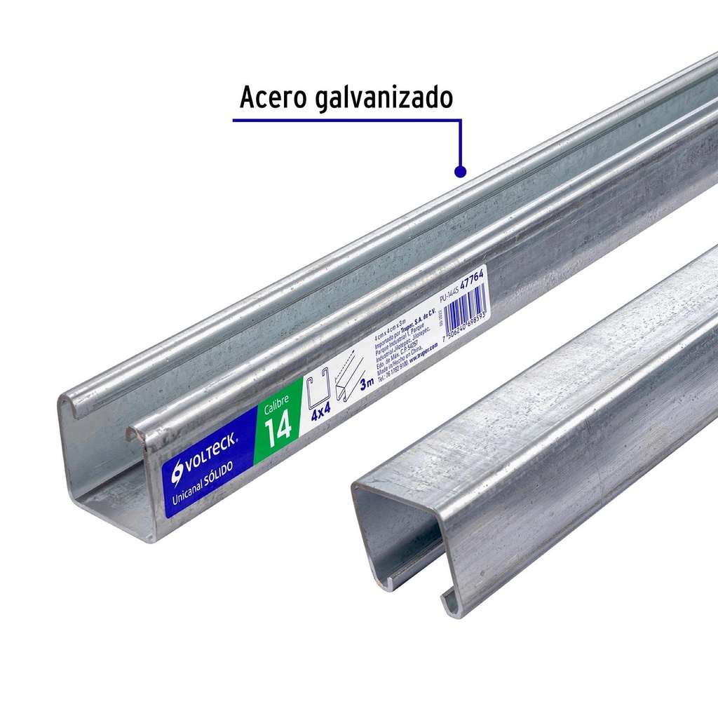Perfil unicanal sólido de 3 m, 4 x 4 cm, calibre 14, Volteck