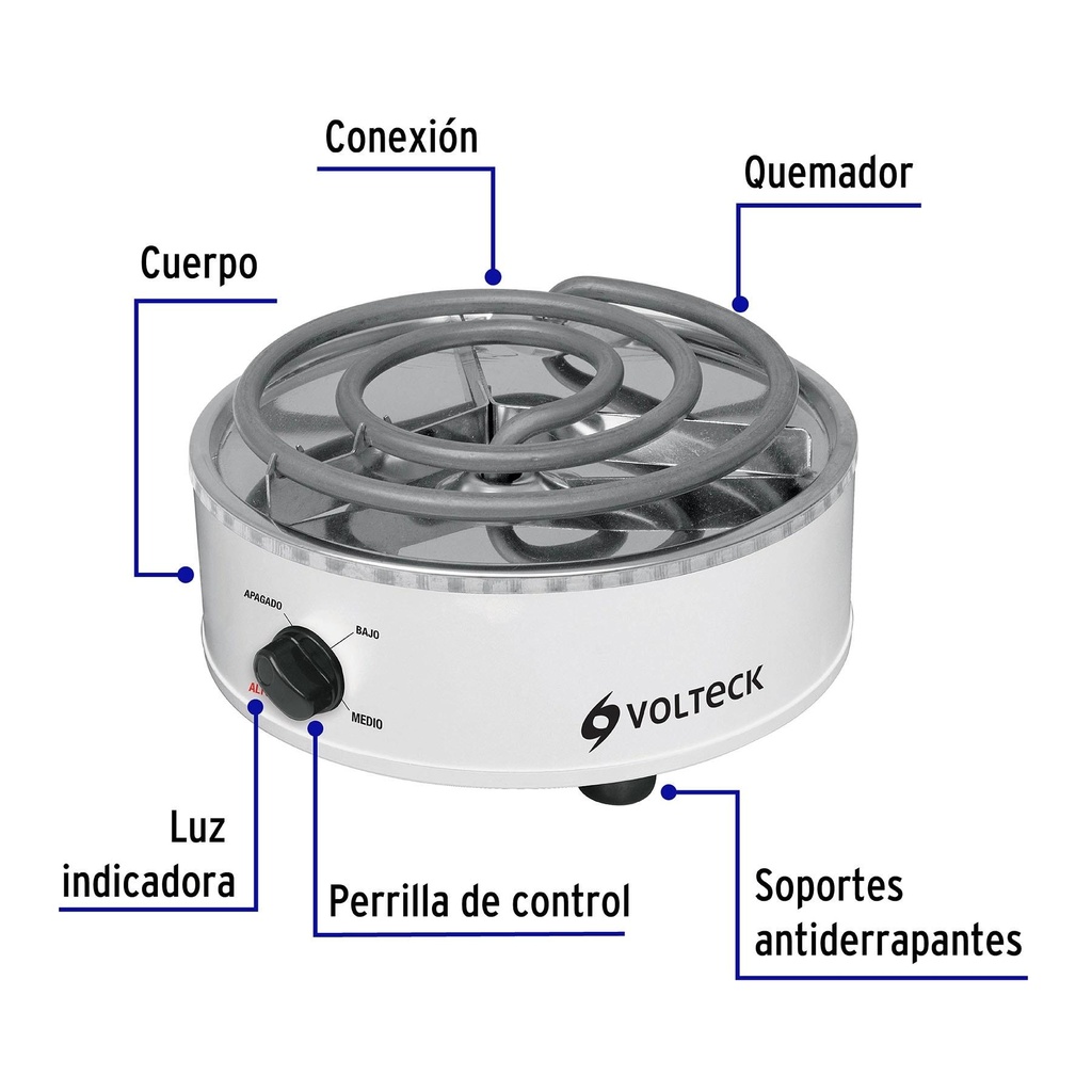 Parrilla eléctrica redonda de resistencia, blanca, Volteck