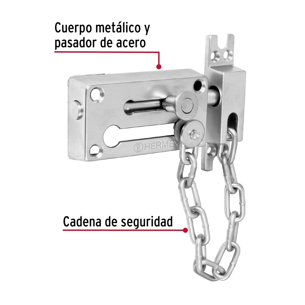 Pasador con cadena para puerta, acabado cromo mate, Hermex