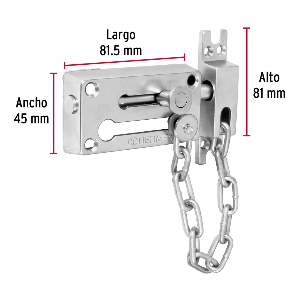 Pasador con cadena para puerta, acabado cromo mate, Hermex