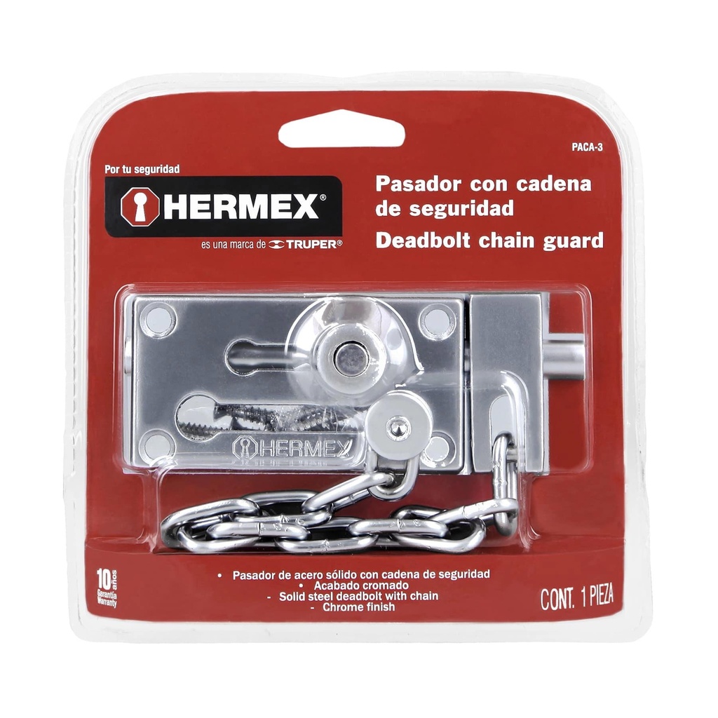 Pasador con cadena para puerta, acabado cromo mate, Hermex