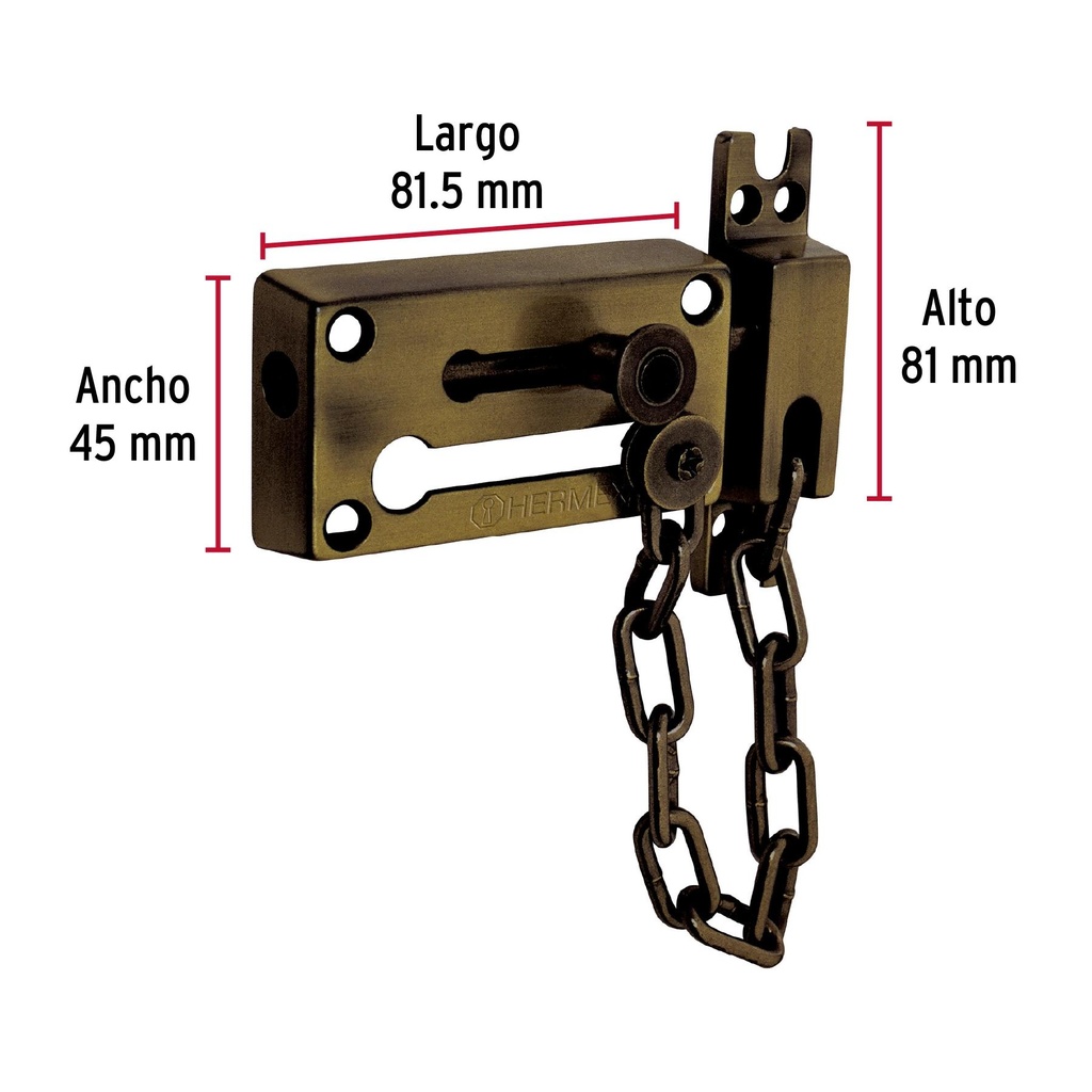 Pasador con cadena para puerta, acabado latón antiguo